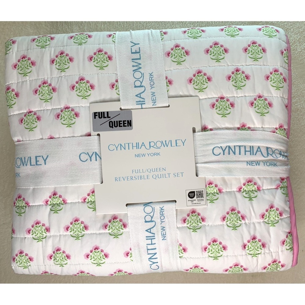 Cynthia Rowley | Full/Queen | Pink Green Floral Reversible Quilt Set Bedding